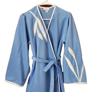 Vtg 70s Women S Wraparound Velourish Long Tie Robe Applique Kimono Style Leisure